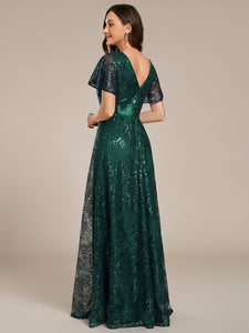 Color=Dark Green | Exquisite Sequin Paillette Embroidery Evening Dresses with Ruffles Sleeve -Dark Green 7