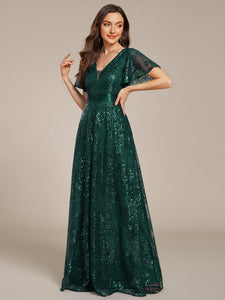 Color=Dark Green | Exquisite Sequin Paillette Embroidery Evening Dresses with Ruffles Sleeve -Dark Green 8