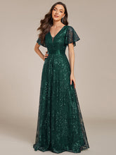 Load image into Gallery viewer, Color=Dark Green | Exquisite Sequin Paillette Embroidery Evening Dresses with Ruffles Sleeve -Dark Green 9