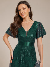 Load image into Gallery viewer, Color=Dark Green | Exquisite Sequin Paillette Embroidery Evening Dresses with Ruffles Sleeve -Dark Green 10