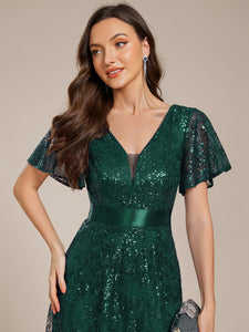 Color=Dark Green | Exquisite Sequin Paillette Embroidery Evening Dresses with Ruffles Sleeve -Dark Green 10