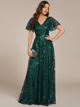 Load image into Gallery viewer, Color=Dark Green | Exquisite Sequin Paillette Embroidery Evening Dresses with Ruffles Sleeve -Dark Green 6