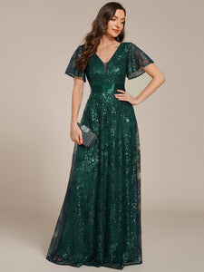 Color=Dark Green | Exquisite Sequin Paillette Embroidery Evening Dresses with Ruffles Sleeve -Dark Green 6