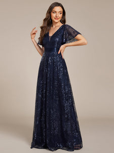 Color=Navy Blue | Exquisite Sequin Paillette Embroidery Evening Dresses with Ruffles Sleeve -Navy Blue 13