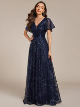 Load image into Gallery viewer, Color=Navy Blue | Exquisite Sequin Paillette Embroidery Evening Dresses with Ruffles Sleeve -Navy Blue 14