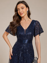 Load image into Gallery viewer, Color=Navy Blue | Exquisite Sequin Paillette Embroidery Evening Dresses with Ruffles Sleeve -Navy Blue 15