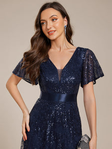 Color=Navy Blue | Exquisite Sequin Paillette Embroidery Evening Dresses with Ruffles Sleeve -Navy Blue 15