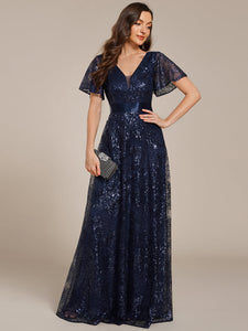 Color=Navy Blue | Exquisite Sequin Paillette Embroidery Evening Dresses with Ruffles Sleeve -Navy Blue 11