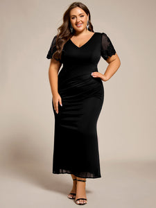 Color=Black | Plus Size Short Sleeve V-Neck Fishtail Dress with Bead Detail Formal Evening Dress-Black 4