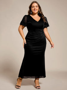 Color=Black | Plus Size Short Sleeve V-Neck Fishtail Dress with Bead Detail Formal Evening Dress-Black 5