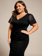 Load image into Gallery viewer, Color=Black | Plus Size Short Sleeve V-Neck Fishtail Dress with Bead Detail Formal Evening Dress-Black 3