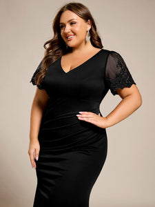 Color=Black | Plus Size Short Sleeve V-Neck Fishtail Dress with Bead Detail Formal Evening Dress-Black 3