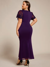 Load image into Gallery viewer, Color=Dark Purple | Plus Size Short Sleeve V-Neck Fishtail Dress with Bead Detail Formal Evening Dress-Dark Purple 7