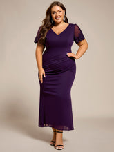 Load image into Gallery viewer, Color=Dark Purple | Plus Size Short Sleeve V-Neck Fishtail Dress with Bead Detail Formal Evening Dress-Dark Purple 8