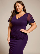 Load image into Gallery viewer, Color=Dark Purple | Plus Size Short Sleeve V-Neck Fishtail Dress with Bead Detail Formal Evening Dress-Dark Purple 10