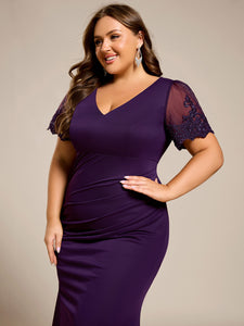 Color=Dark Purple | Plus Size Short Sleeve V-Neck Fishtail Dress with Bead Detail Formal Evening Dress-Dark Purple 10