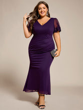 Load image into Gallery viewer, Color=Dark Purple | Plus Size Short Sleeve V-Neck Fishtail Dress with Bead Detail Formal Evening Dress-Dark Purple 6