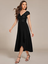 Load image into Gallery viewer, Color=Black | Asymmetrical Hem Short Sleeve V-Neck Formal Evening Dress with Paillette Detail-Black 4