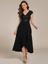 Load image into Gallery viewer, Color=Black | Asymmetrical Hem Short Sleeve V-Neck Formal Evening Dress with Paillette Detail-Black 5