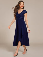 Load image into Gallery viewer, Color=Navy Blue | Asymmetrical Hem Short Sleeve V-Neck Formal Evening Dress with Paillette Detail-Navy Blue 9