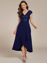 Load image into Gallery viewer, Color=Navy Blue | Asymmetrical Hem Short Sleeve V-Neck Formal Evening Dress with Paillette Detail-Navy Blue 10