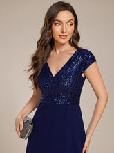 Load image into Gallery viewer, Color=Navy Blue | Asymmetrical Hem Short Sleeve V-Neck Formal Evening Dress with Paillette Detail-Navy Blue 8