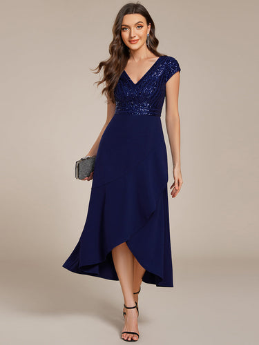 Color=Navy Blue | Asymmetrical Hem Short Sleeve V-Neck Formal Evening Dress with Paillette Detail-Navy Blue 6