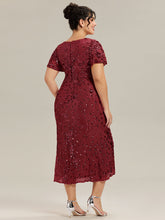 Load image into Gallery viewer, Color=Burgundy | Fast Delivery Short Sleeve Ruffle Sequin Deep V-Neck Fishtail Maxi Evening Dresses-Burgundy 27