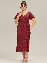 Load image into Gallery viewer, Color=Burgundy | Fast Delivery Short Sleeve Ruffle Sequin Deep V-Neck Fishtail Maxi Evening Dresses-Burgundy 29