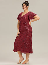 Load image into Gallery viewer, Color=Burgundy | Fast Delivery Short Sleeve Ruffle Sequin Deep V-Neck Fishtail Maxi Evening Dresses-Burgundy 30