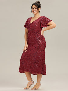 Color=Burgundy | Fast Delivery Short Sleeve Ruffle Sequin Deep V-Neck Fishtail Maxi Evening Dresses-Burgundy 30