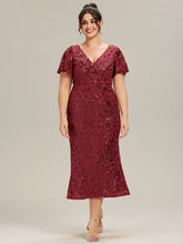 Load image into Gallery viewer, Color=Burgundy | Fast Delivery Short Sleeve Ruffle Sequin Deep V-Neck Fishtail Maxi Evening Dresses-Burgundy 26
