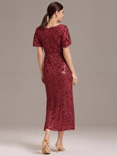 Load image into Gallery viewer, Color=Burgundy | Fast Delivery Short Sleeve Ruffle Sequin Deep V-Neck Fishtail Maxi Evening Dresses-Burgundy 27