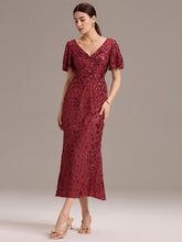 Load image into Gallery viewer, Color=Burgundy | Fast Delivery Short Sleeve Ruffle Sequin Deep V-Neck Fishtail Maxi Evening Dresses-Burgundy 29