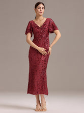 Load image into Gallery viewer, Color=Burgundy | Fast Delivery Short Sleeve Ruffle Sequin Deep V-Neck Fishtail Maxi Evening Dresses-Burgundy 30