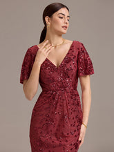 Load image into Gallery viewer, Color=Burgundy | Fast Delivery Short Sleeve Ruffle Sequin Deep V-Neck Fishtail Maxi Evening Dresses-Burgundy 28