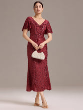 Load image into Gallery viewer, Color=Burgundy | Fast Delivery Short Sleeve Ruffle Sequin Deep V-Neck Fishtail Maxi Evening Dresses-Burgundy 26