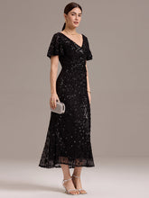 Load image into Gallery viewer, Color=Black | Strapless Deep V-Neck Fishtail Paillette Midi Evening Dresses- 14