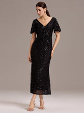 Load image into Gallery viewer, Color=Black | Strapless Deep V-Neck Fishtail Paillette Midi Evening Dresses- 15
