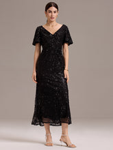 Load image into Gallery viewer, Color=Black | Strapless Deep V-Neck Fishtail Paillette Midi Evening Dresses- 11