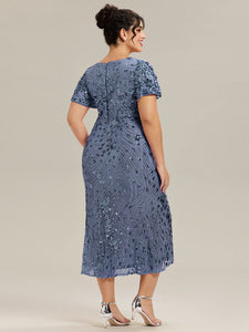 Color=Dusty Blue | Fast Delivery Short Sleeve Ruffle Sequin Deep V-Neck Fishtail Maxi Evening Dresses-Dusty Blue 32