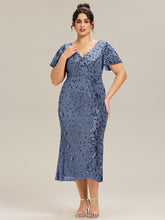 Load image into Gallery viewer, Color=Dusty Blue | Fast Delivery Short Sleeve Ruffle Sequin Deep V-Neck Fishtail Maxi Evening Dresses-Dusty Blue 34