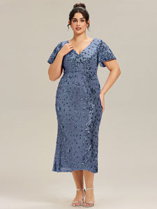 Color=Dusty Blue | Fast Delivery Short Sleeve Ruffle Sequin Deep V-Neck Fishtail Maxi Evening Dresses-Dusty Blue 34
