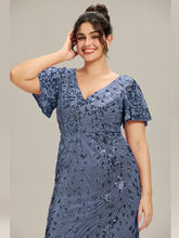 Load image into Gallery viewer, Color=Dusty Blue | Fast Delivery Short Sleeve Ruffle Sequin Deep V-Neck Fishtail Maxi Evening Dresses-Dusty Blue 33