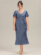 Load image into Gallery viewer, Color=Dusty Blue | Fast Delivery Short Sleeve Ruffle Sequin Deep V-Neck Fishtail Maxi Evening Dresses-Dusty Blue 31