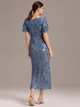 Load image into Gallery viewer, Color=Dusty Blue | Fast Delivery Short Sleeve Ruffle Sequin Deep V-Neck Fishtail Maxi Evening Dresses-Dusty Blue 32