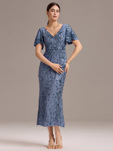 Color=Dusty Blue | Fast Delivery Short Sleeve Ruffle Sequin Deep V-Neck Fishtail Maxi Evening Dresses-Dusty Blue 35