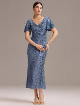 Load image into Gallery viewer, Color=Dusty Blue | Fast Delivery Short Sleeve Ruffle Sequin Deep V-Neck Fishtail Maxi Evening Dresses-Dusty Blue 35