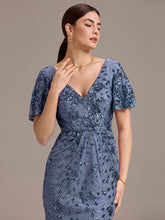 Load image into Gallery viewer, Color=Dusty Blue | Fast Delivery Short Sleeve Ruffle Sequin Deep V-Neck Fishtail Maxi Evening Dresses-Dusty Blue 33