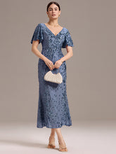 Load image into Gallery viewer, Color=Dusty Blue | Fast Delivery Short Sleeve Ruffle Sequin Deep V-Neck Fishtail Maxi Evening Dresses-Dusty Blue 31